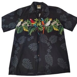 Winnie Fashion Mens Hawaiian Shirt L Black Parrot Tropical Cotton Made Hawaii